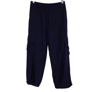 Nati Vozza NV Calça Stella Navy Blue Cargo Pants Wide Leg Adjustable Hem Size 34